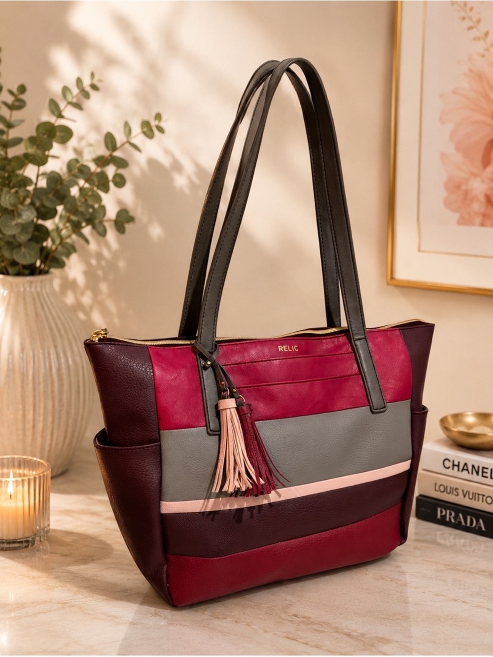 Relic Multicolor Tote in Burgundy, Gray & Pink